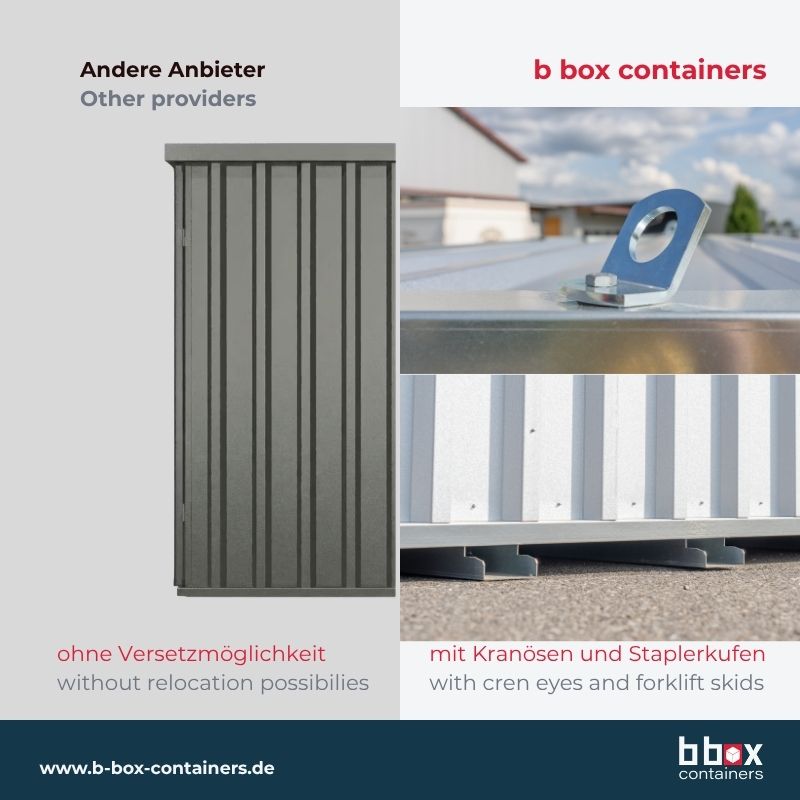 Schnellbaucontainer QuickBox Versatzmöglichkeit Kranöse und Staplerkufen von b box containers